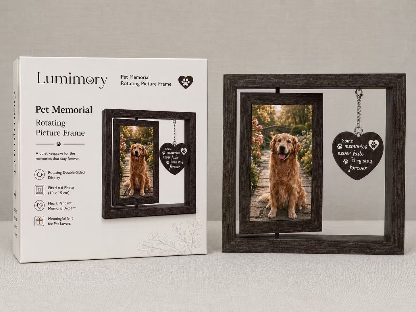 Lumimory memorial frame beside its branded gift packaging