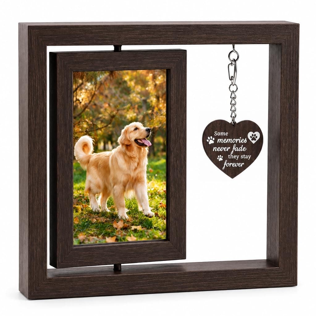 Lumimory rotating wooden pet memorial frame with a dog photo and heart pendant